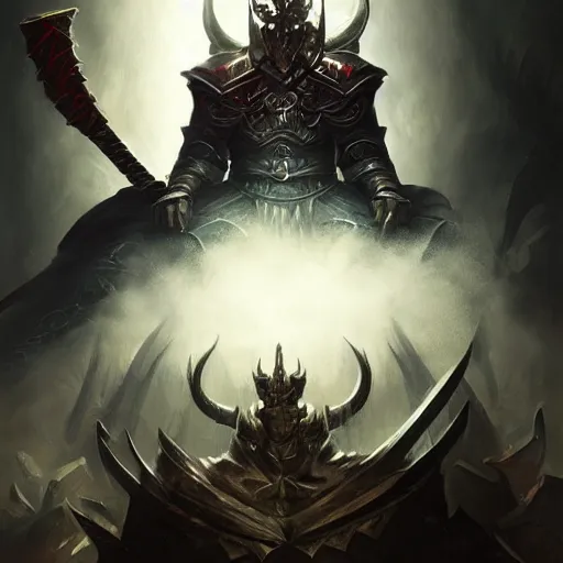 Prompt: Portrait Lord from hell on the throne, black eyes, swords, evil face, league of legends wallpapers, piotr jablonski, greg rutkowski