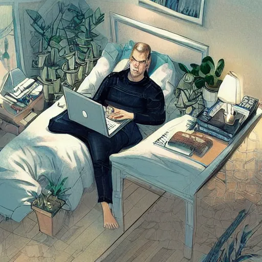 Prompt: a man lying on his bed wearing a jacket with a computer and coffee on the table on a cold rainy day, room full of plants, gloomy weather, highly detailed, artstation, concept art, smooth.sharp focus, digital art, art by jon foster and james jean and artgerm and yuumei