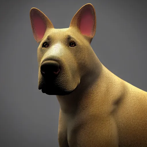 Prompt: 3 d model of a bullterrier and german shepherd mixed breed dog, octane render, raytraced