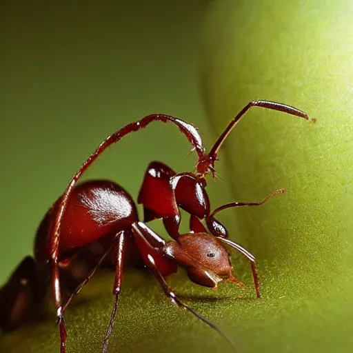 Prompt: a super realistic studio quality photo of an ant eating an apple, true to life, soft lighting