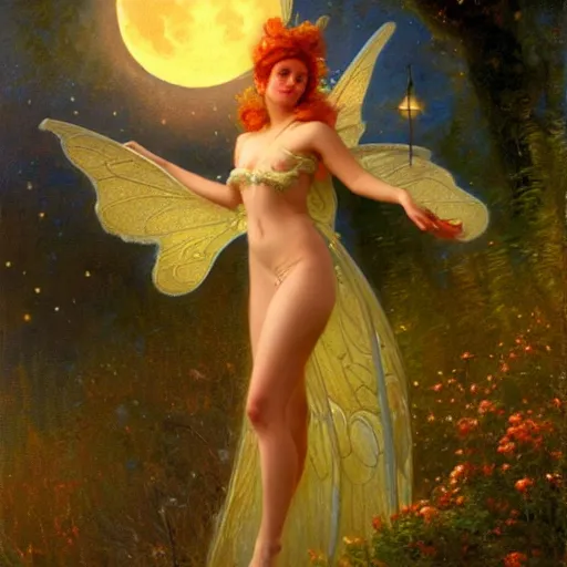 Image similar to attractive fairy magically floating high in the night, fantasy, full moon in background. highly detailed painting by gaston bussiere, craig mullins, j. c. leyendecker, sharp focus, 8 k