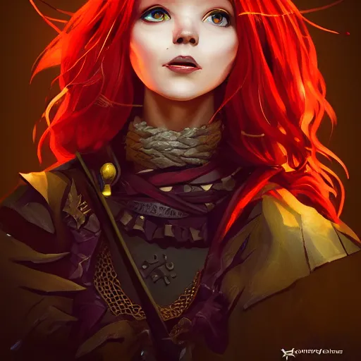 Prompt: a spirited halfling sorcerer woman with red hair, freckles like bronze scales, gold eyes, therapist, witch's outfit, character art, full body art, Dungeons and Dragons, D&D, trending on artstation, artgerm, 4k ultra hd, sharp focus, digital art by Ilya Kuvshinov and Ross Tran,