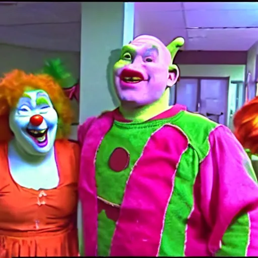 Image similar to Shrek vs a bunch of clowns in a nursing home real home video 720p archival footage dvd rip