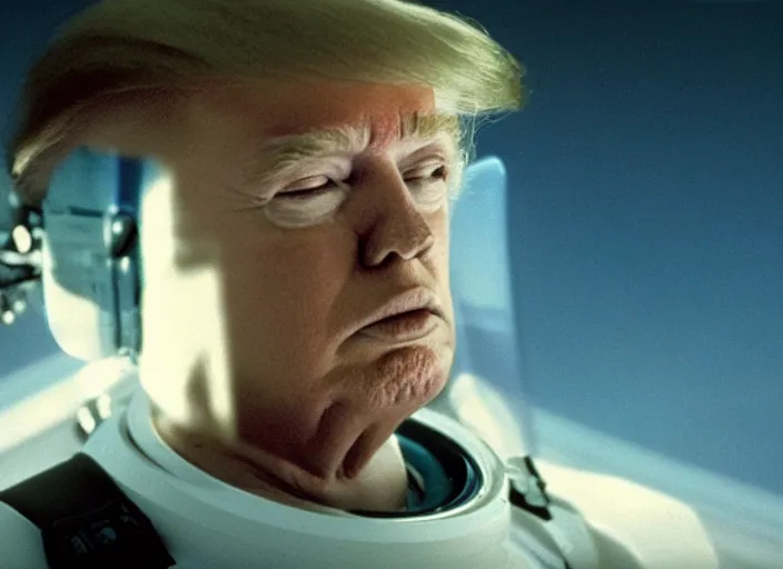 Prompt: screenshot from moody scene of Donald Trump dreaming on a spaceship, scene from the film Contact 1999 film directed by Jodi Foster, kodak film stock, anamorphic lens, 4K, film grain, detailed, stunning cinematography