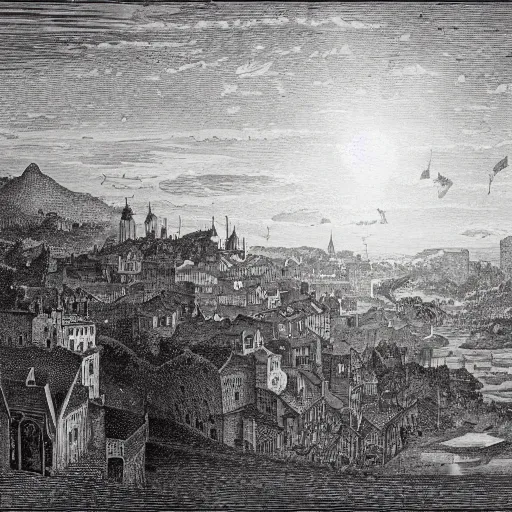 Image similar to medieval town floating in the sky, gustave dore engraving