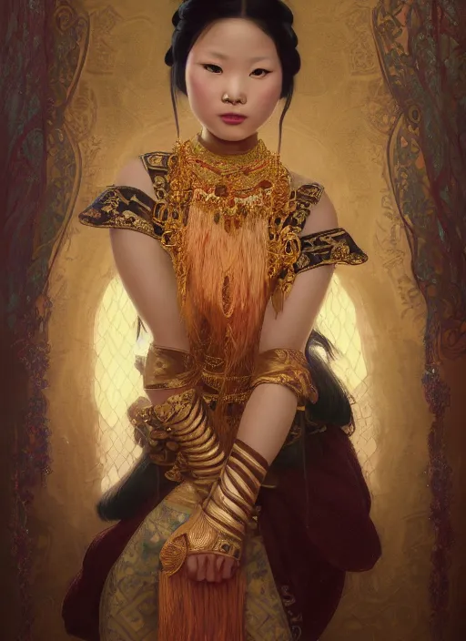 Image similar to beautiful portrait of a Asia minority female wearing fantastic costume,pigtail,intricate, elegant, highly detailed, dim volumetric lighting, 8k,octane,post-processing,digital painting, trending on artstation, concept art, smooth, sharp focus, illustration,by Tom Bagshaw and Daniel Gerhartz and Albert Aublet and Lawrence Alma-Tadema and alphonse mucha