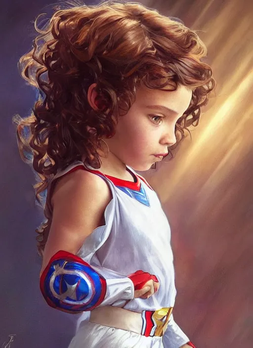 Image similar to a little girl with a mischievous face and light brown curly wavy hair. she is dressed as captain america, spiderman, batman, the flash, captain marvel, wonder woman, a superhero. clean elegant painting, beautiful detailed face. by artgerm and greg rutkowski and alphonse mucha