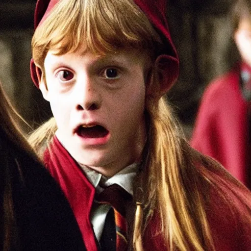 Image similar to student from harry potter wearing the sorting hat terrified