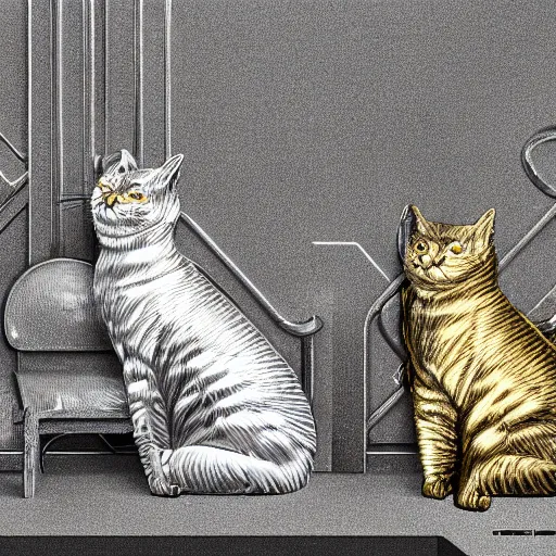 Prompt: gold and silver tones, cybernetic cat village, style of moebius, james jean, rutkowski, cinematic, high detail, award winning, 8 k photorealistic