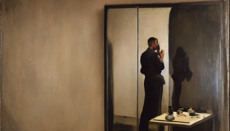 Image similar to painting by borremans, man in front of the mirror, detailed, stunning, dynamic lighting