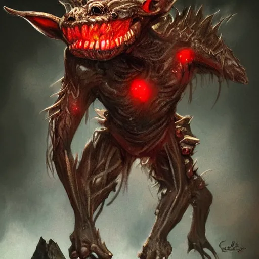 Image similar to a highly detailed goblin with coal colored skin and red eyes that glow, in a cave, like magic the gathering, goblin chainwalker, digital art, by christopher rush