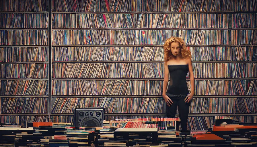 Image similar to warrior women guarding a wall of records, synthesizers, turntables and computers, dark, realistic, intimidating