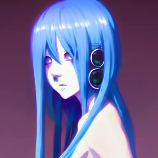 Image similar to rimuru, long blue hair, anime girl, bangs, gothic, anime character, noir, screenshot, sharp focus, intricate, illustration, cell shaded, digital painting, highly detailed, matte, art by ilya kuvshinov, unreal engine 5, wlop, greg rutkowski, studio quality, james jean, akihiko yoshida