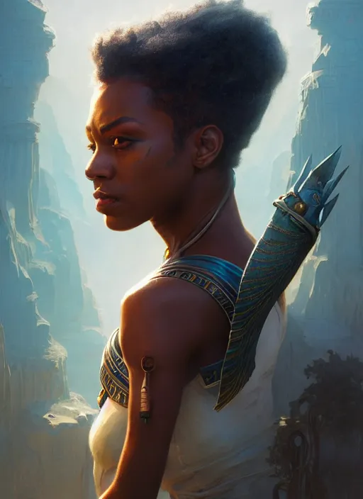 Prompt: highly detailed portrait of protagonist from futuristic movie, brown skin, egyptian design, adventure game, d & d, fantasy art by greg rutkowski, stanley artgerm, loish, rhads, tom bagshaw, global illumination, radiant light, detailed and intricate environment