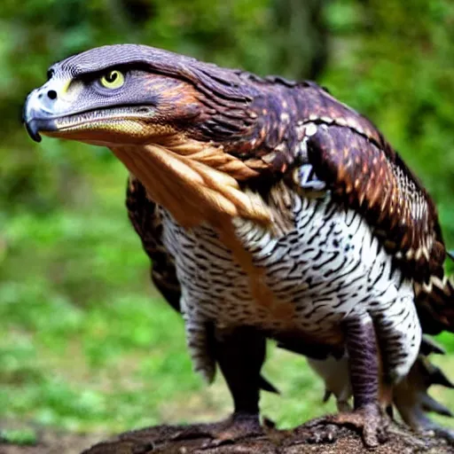 Image similar to hawk and crocodile mutant hybrid, bipedal, realistic picture taken in zoo