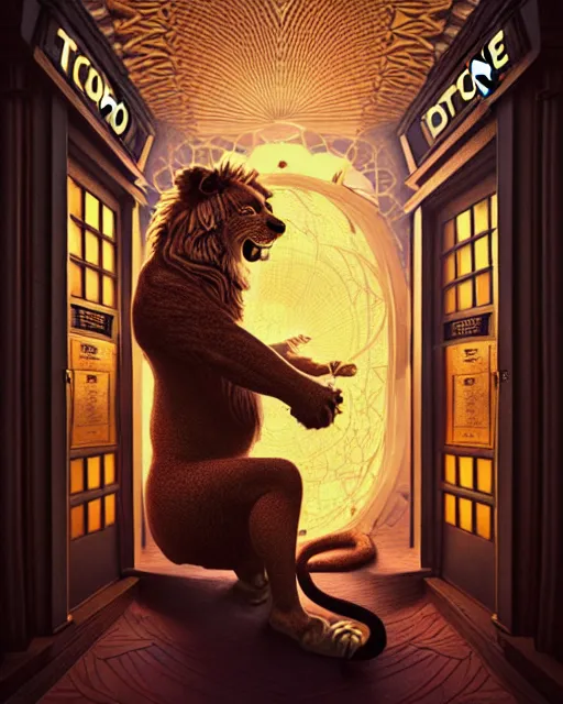 Image similar to anthropomorphic art of a timelord lion inside tardis, victorian inspired clothing by artgerm, victo ngai, ryohei hase, artstation. fractal papersand books. highly detailed digital painting, smooth, global illumination, fantasy art by greg rutkowsky, karl spitzweg, doctor who
