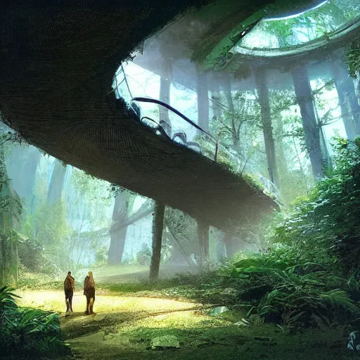 Image similar to stairs leading to a derelict portal in a middle of a lush futuristic forest, alien world seen through a portal, person in a cloak standing in front of a portal, daylight, cinematic lighting, syd mead, john harris