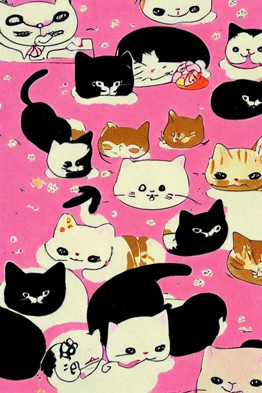 Image similar to Piles of cats, Kawaii Japanese illustration, 1980s