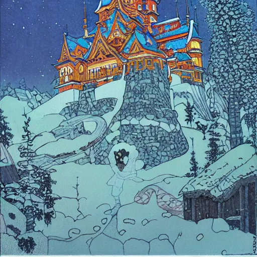 Image similar to detailed ivan bilibin and edmund dulac and ilya kuvshinov and katsuhiro otomo inspired print of a castle in winter