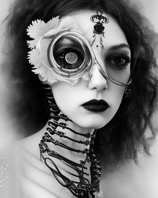 Image similar to black and white dreamy foggy poetic smoky profile face portrait, one silver steampunk realistic eye biomechanical beautiful angelic young female cyclope - cyborg - robot bust, body ribs meshes,, volumetric light, hibiscus flowers, by man ray, rim light, big gothic fashion pearl embroidered collar, 8 k