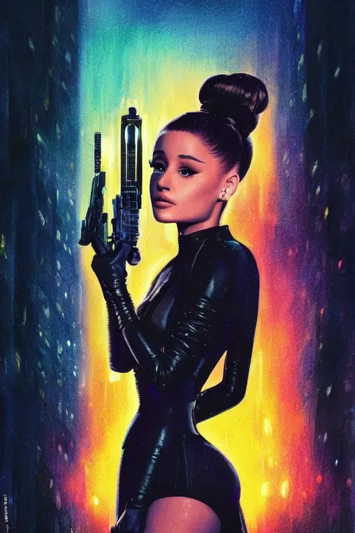 Image similar to ariana grande in the style of johan grenier and john picacio and alan m. clark, trending on artstation, bioluminescence tilt - shift blade runner 2 0 4 9, crayon art, futuresynth, splash art, post - minimalism