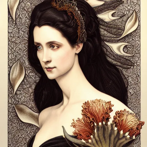 Image similar to facial portrait of a young pretty woman in flowing dress, arrogant, mysterious, long fine flowing hair, delicate, looking at camera, slightly awkward smile, realistic face, hands behind back, intricate, stylish, elegant, grimdark fantasy, flowers, art nouveau, extremely detailed painting inspired by Gerald Brom and Ernst Haeckel and Greg Rutkowski