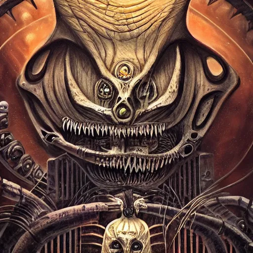 Image similar to Moloch, whose mind is pure machinery, eerie, sinister, horror, illustrated by Anne Stokes and H R Giger and Adrian Borda, super detailed, 4k, 8k