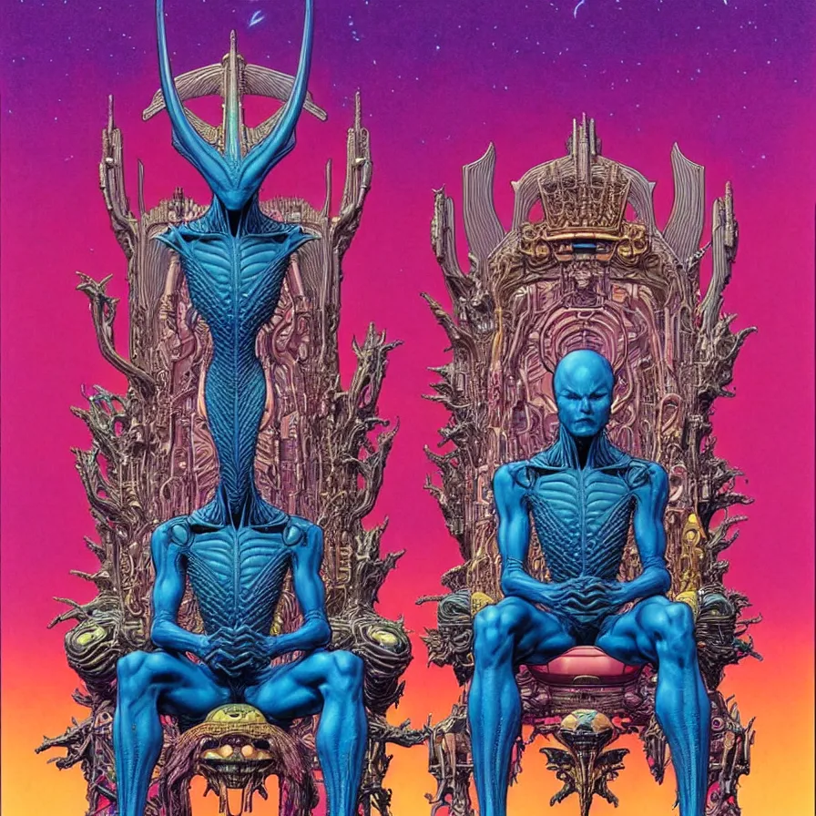 Prompt: ( ( ( ( an alien king sitting on a throne, with decorative frame design ) ) ) ) by mœbius!!!!!!!!!!!!!!!!!!!!!!!!!!!, overdetailed art, colorful, artistic record jacket design