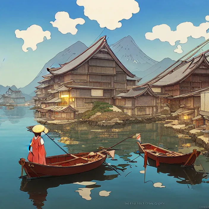 Prompt: japanese fishing village, spring, in the style of studio ghibli, j. c. leyendecker, greg rutkowski, artem