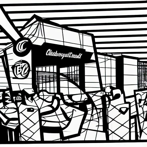 Image similar to black and white line drawing of a post apocalyptic kfc restaurant, cubism, high quality