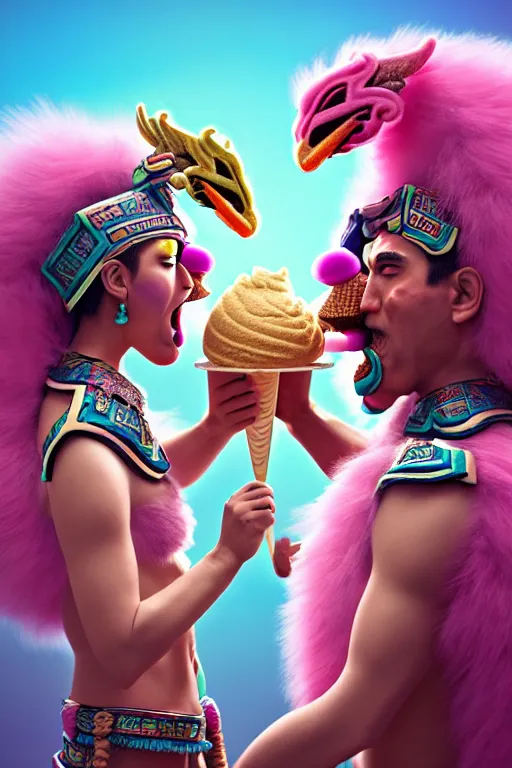 Image similar to high quality 3 d render hyperrealist very cute pastel fluffy! aztec warrior & quetzalcoatl eating giant ice cream, vray smooth, in the style of watchmen, hannah yata, very dramatic light, low angle, uhd 8 k, shallow depth of field