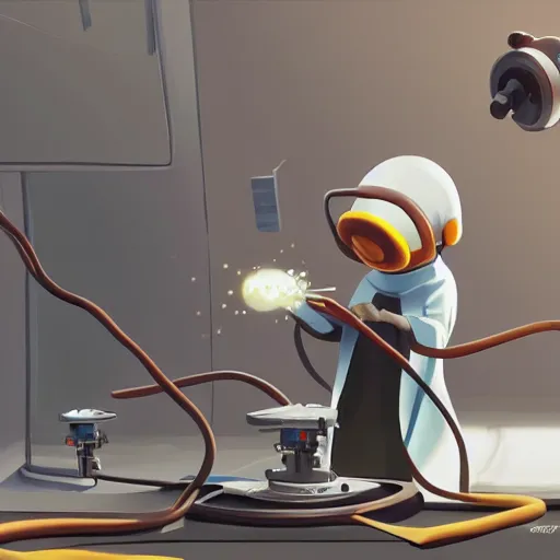 Image similar to little robed engineer working on a star cruiser engine, sparks flying, artwork by goro fujita