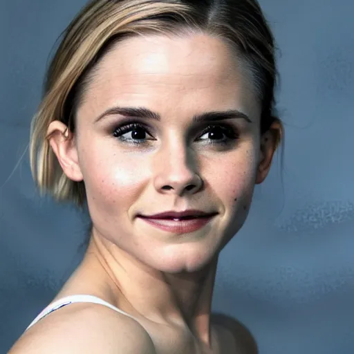 Image similar to a woman who is a genetic combination of kristen bell and emma watson face and upper - body focus