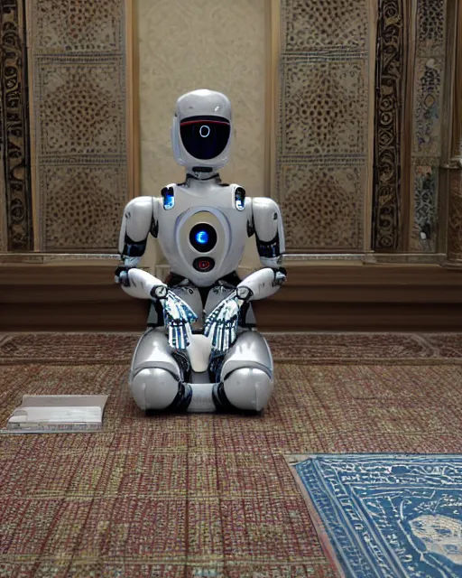 Image similar to a robot praying in the mosque, realistic and detailed, 8 k