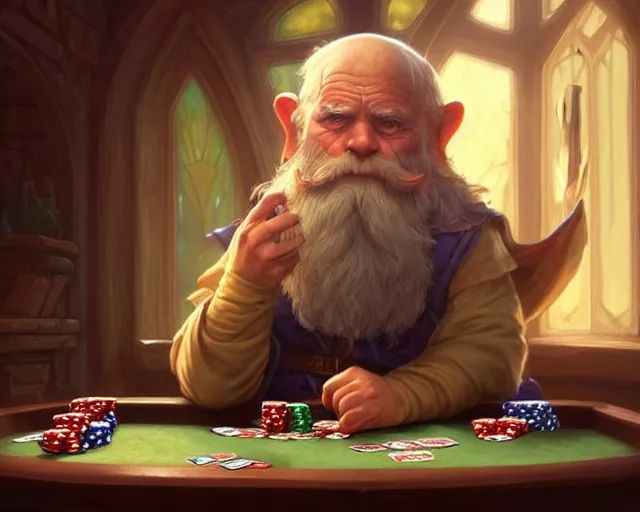 Image similar to little old gnome, playing poker, deep focus, d & d, fantasy, intricate, elegant, highly detailed, digital painting, artstation, concept art, matte, sharp focus, illustration, hearthstone, art by artgerm and greg rutkowski and alphonse mucha