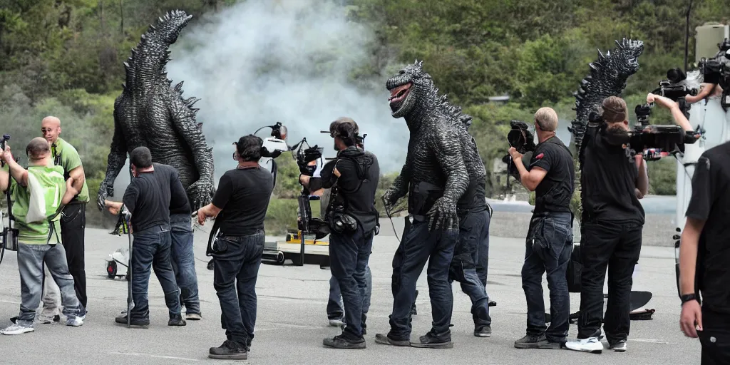 Prompt: godzilla is on a film set, the crew is setting up the next shot, the director is yelling directions into a blowhorn