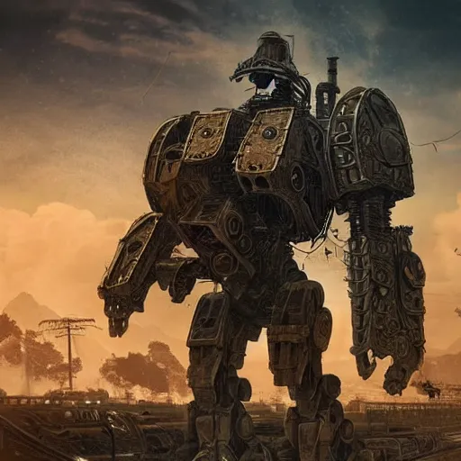 Prompt: gigantic bipedal humanoid war machine standing in a battlefield, steam punk, 70's sci-fi, highly detailed, deep aesthetic, 4k, highly ornate intricate details, cinematic lighting, rich colors, digital artwork, ray tracing,