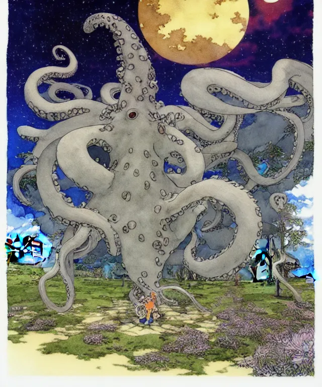 Image similar to a hyperrealist studio ghibli watercolor fantasy concept art. in the foreground is a giant grey octopus lifting and putting stones in to place on top of stonehenge with a starry sky. by rebecca guay, michael kaluta, charles vess