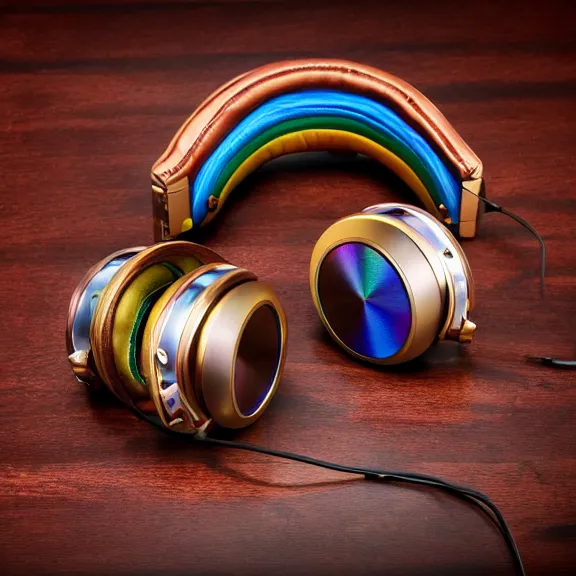 Image similar to masterpiece photo of beautiful crafted artistic bismuth metal headphones, bismuth rainbow metal, bismuth cups, leather padding, displayed on mahogany desk, modernist headphones, bismuth headphones beautiful well designed, hyperrealistic, audiophile, intricate hyper detail, extreme high quality, photographic, meze audio, sennheiser, hifiman, artstation