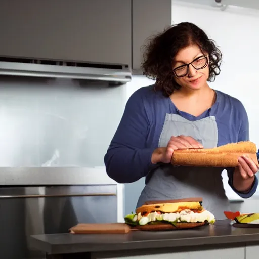 Prompt: A woman is watching her home nanotech fabrication appliance fabricate a sandwich,