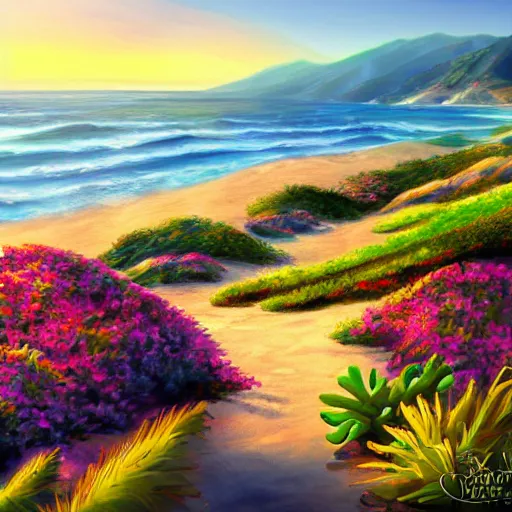 Image similar to malibu hills with ocean, pixar, disney, cinematic scene