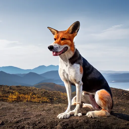 Prompt: a foxhound dog that is realistic wearing different hats and posing in front of a scenic background