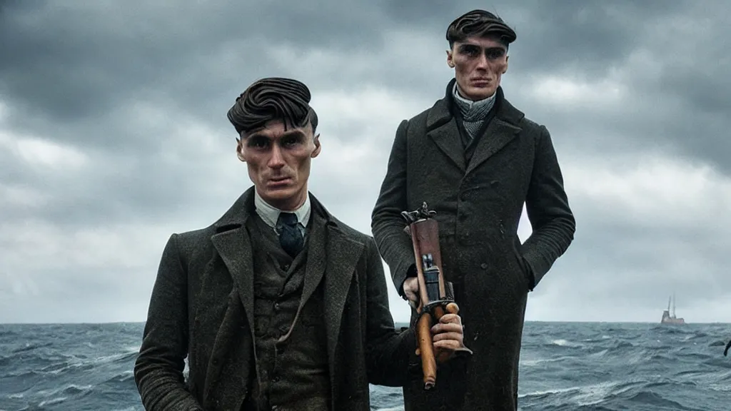 Image similar to photo of Thomas Shelby holding a Thompson, coming out of the ocean, extreme detailed face, spaceship far on the background, film still from the movie directed by Denis Villeneuve with art direction by Zdzisław Beksiński, wide lens
