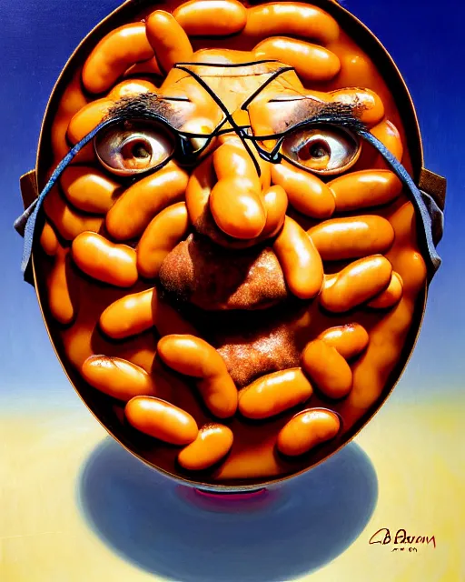 Image similar to portrait of mr bean's face in a bowl full of baked beans, face covered in beans and tomato sauce, baked beans covering his eyes, a pile of baked beans on his head, his mouth wide open and full of baked beans, overflowing with baked beans, muted colors, surrealist oil painting, highly detailed