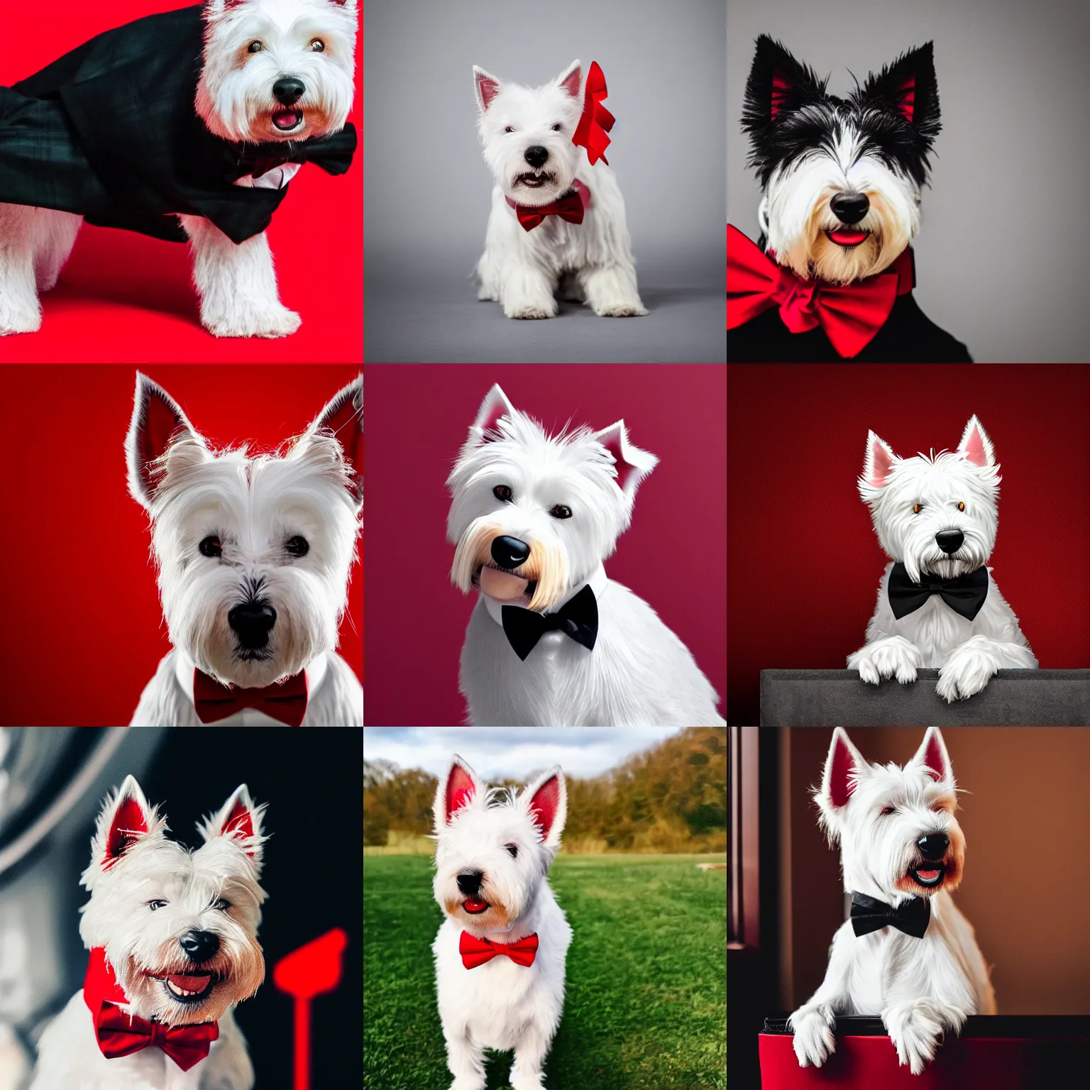 Prompt: a high detail shot of an Anthropomorphic west highland white terrier, wearing a black suit, and red bow tie, smiling, photorealism, epic lighting, hd