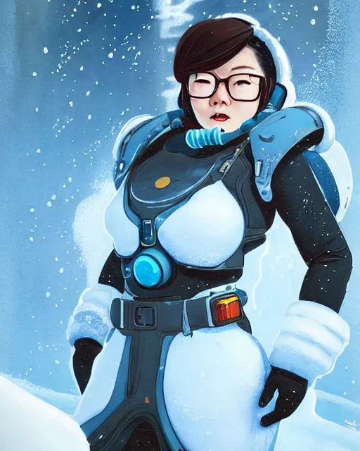 Image similar to mei from overwatch, character portrait, ice, cold, snow, sci - fi suit, portrait, close up, concept art, intricate details, highly detailed, vintage sci - fi poster, retro future, in the style of chris foss, rodger dean, moebius, michael whelan, and gustave dore