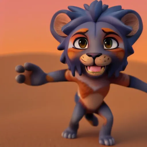 Image similar to antropomorphic lion warrior as nendoroid walking in a desert in the croods movie style, anime, disney, pixar, 8 k, hd, dof, kodak film, volumetric lighting, subsurface scattering, photorealistic, octane render, details