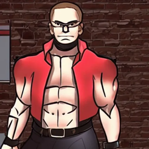 Prompt: senator steven armstrong from revengeance!!! working as a mcdonald's cashier, extreme muscles, nanomachines