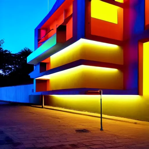 Prompt: Beautiful Photograph of a Colourful Modernist Brutalist Building, bisexual-lighting