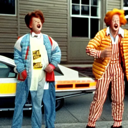 Prompt: a still of Ronald McDonald's in Back to the future